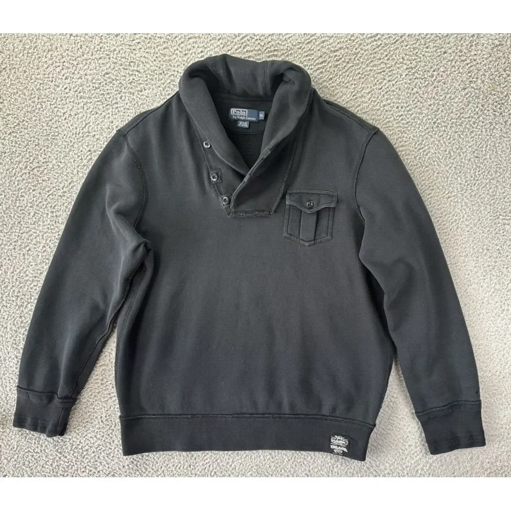 Polo Ralph Lauren Sportsman Sweatshirt Mens XL Shawl Collar Black Distressed‎